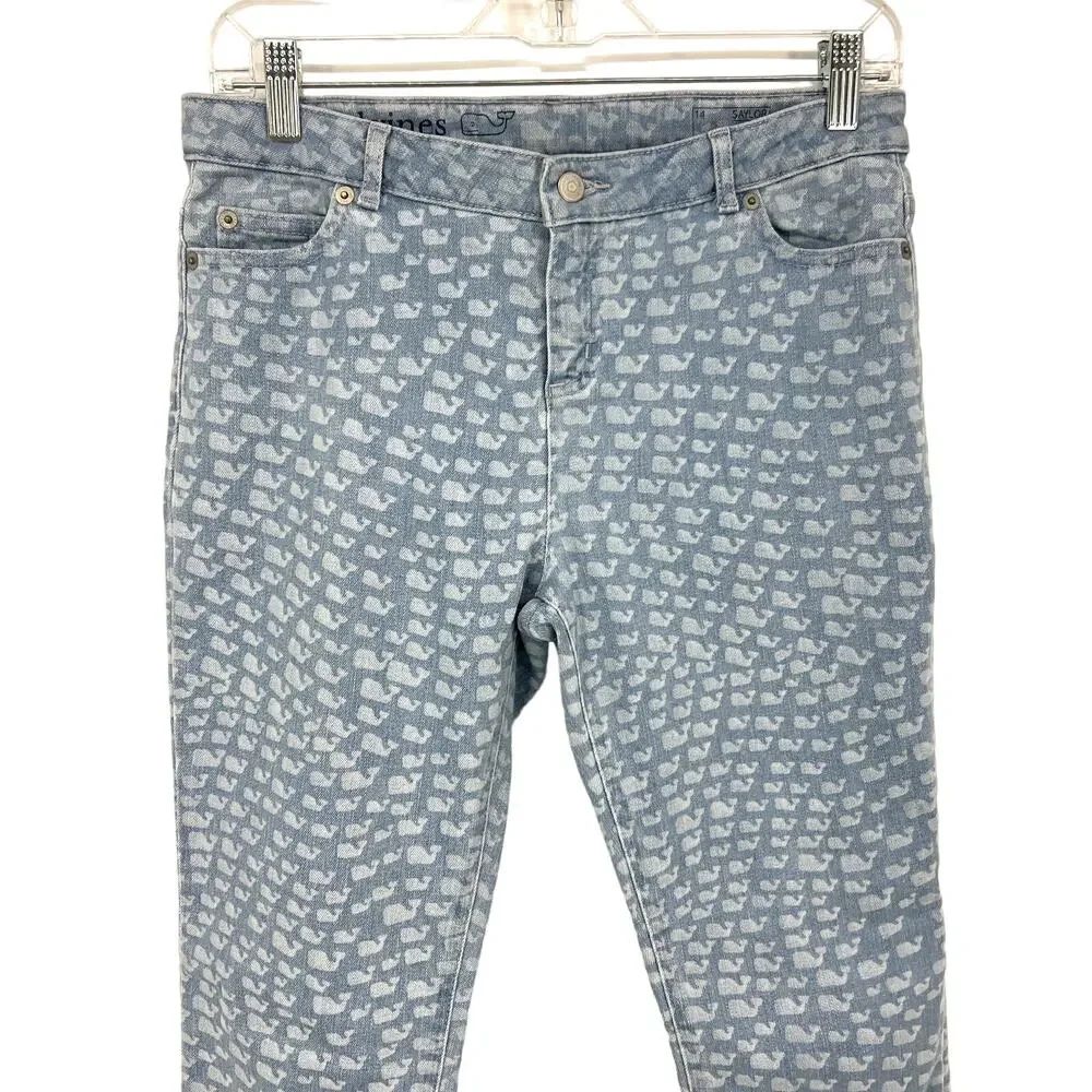 Vineyard Vines Saylor Light Wash All Over Whale Logo Skinny Jeans Big Girls 14 - Picture 2 of 9